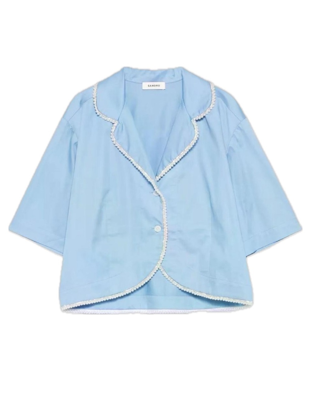 NWT 💯 SANDRO Paris Pearl Rhinestone Beaded Cotton Blouse Top Shirt Blue 34 0 XS - Picture 4 of 12